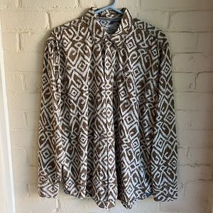 Honolua size large tab beige brown & cream tribal Hawaiian print button down